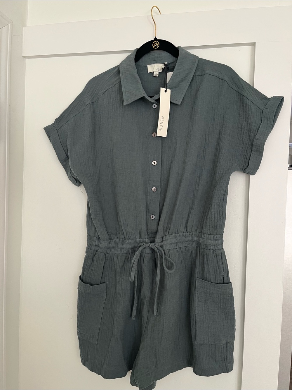 Pinch Short Sleeve Drawstring Romper in Slate